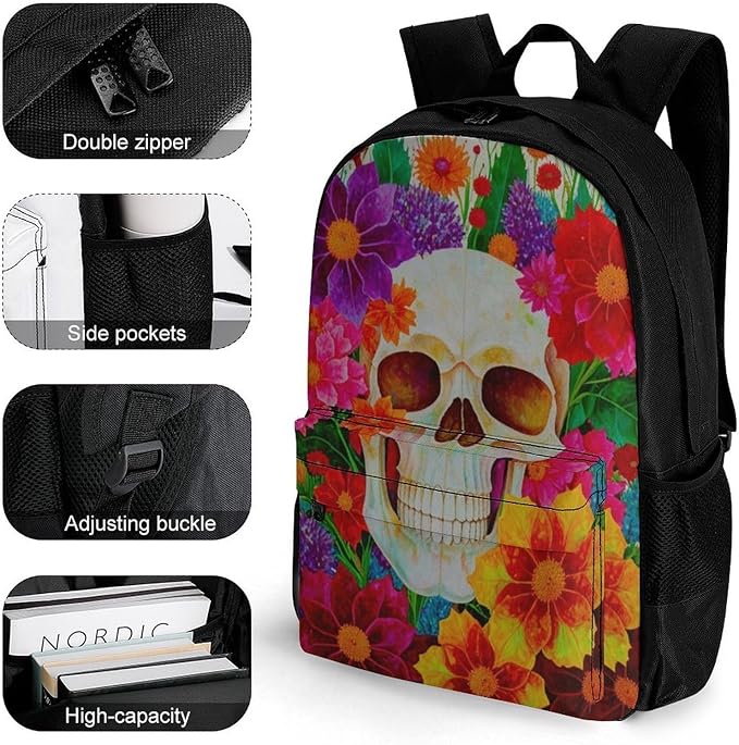 Rucksack Polyester Anti-Theft Multipurpose Colorful Sugar Skull Floral Bookbag Big Capacity Travel and Sport Backpack Rucksack With Side Pockets