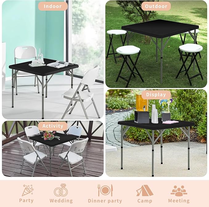 34" Square Folding Table,Multi-Functional Portable Folding Card Table with Carrying Handle for Indoor Outdoor Camping,Picnic, Office, Party Use, HDPE Plastic Tabletop with Metal Frame(Black)