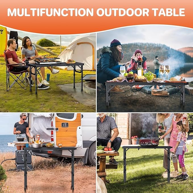 FUNYKICH 3ft Folding Grill Table for Outside 34.2''x15.7'', 3 Height Adjustable Portable Camping Tables, Lightweight Metal Aluminum Outdoor Table with Carry Handle for Camping, Picnic, BBQ, Black