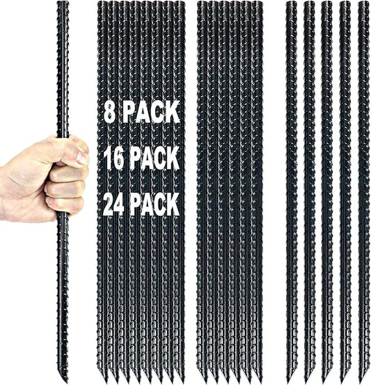 16 Inch Ground Rebar Stakes Heavy Duty Steel Ground Anchors for Outdoor, Straight Metal Stakes with Chisel Point end, Black Powder Coated (16)