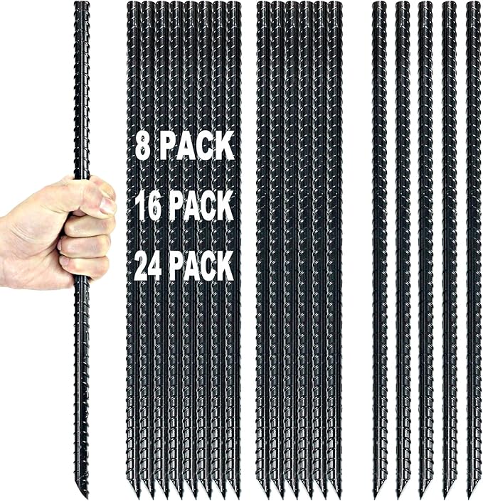 16 Inch Ground Rebar Stakes Heavy Duty Steel Ground Anchors for Outdoor, Straight Metal Stakes with Chisel Point end, Black Powder Coated (24)