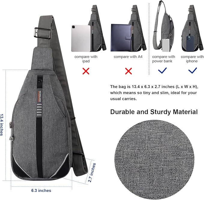 WATERFLY Small Crossbody Sling Backpack Anti Theft Backpack for Traveling Chest Bags for Men&Women Multipurpose Casual Daypack Hiking Shoulder Bag (Gray)