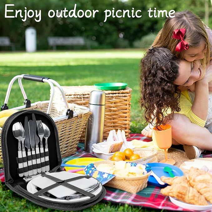 Portable Camping Silverware Utensil Set, 13 Pcs Picnic Mess Kit for 2 Person-Stainless Steel Serrated Knife Spoon Fork Wine Opener Plate Cutting Board Napkin, Camp BBQ Travel Set