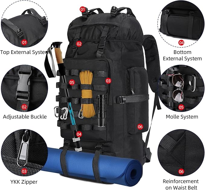 70L Camping Hiking Backpack with Rain Cover, Waterproof Molle Rucksack for Men, Backpacking Backpack for Trekking Climbing Outdoor
