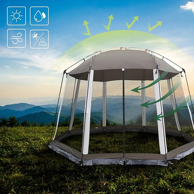 HYPER VENTURE Screen House 13x13 Feet Octagonal Mesh Canopy Camping Gazebo Shelter Tent for 8-10 People Outdoor Party Activities, Grey