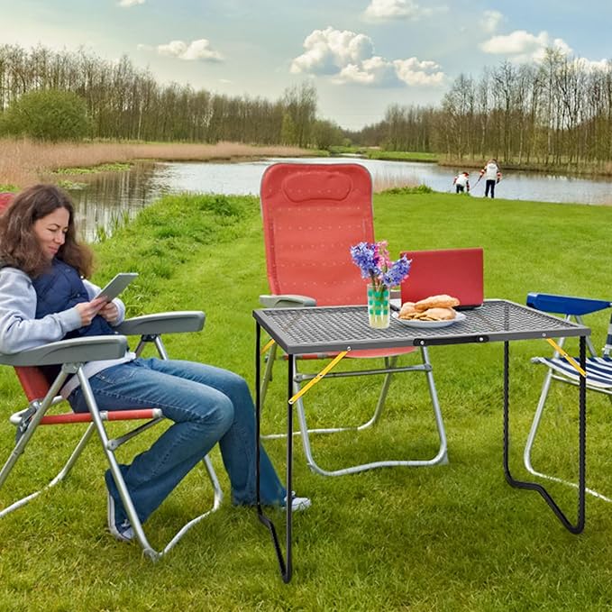 Portable Folding Grill Table, Outdoor Camping Table with Mesh Tabletop, Metal Grid Table for Patio, Picnic, Garden,BBQ and Beach, 35.5" L x 19.7" W
