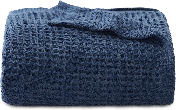 Bedsure Gentlesoft 100% Cotton Large Throw Blanket for Couch 50x70 inches - Breathable and Soft, Waffle Weave Throw Blanket for Office, Navy
