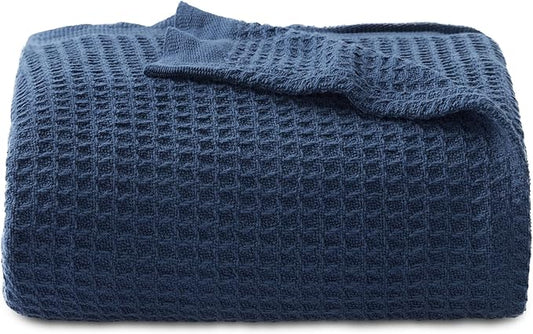 Bedsure Gentlesoft 100% Cotton Large Throw Blanket for Couch 50x70 inches - Breathable and Soft, Waffle Weave Throw Blanket for Office, Navy