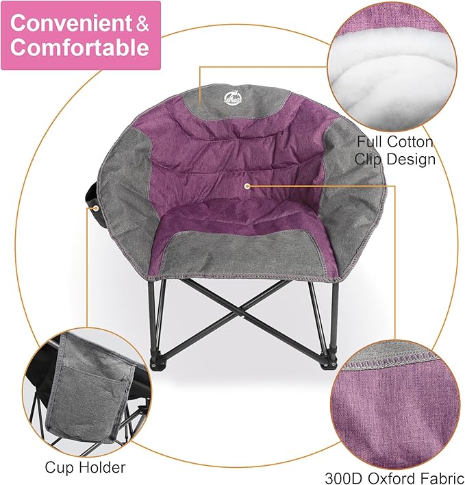 Northroad Folding Compact Camping Moon Chair, Outdoor Padded Saucer Round Chair w/Cup Holder Supports up to 300 lbs for Beach Hiking Fishing Picnic Lawn,Purple&Grey