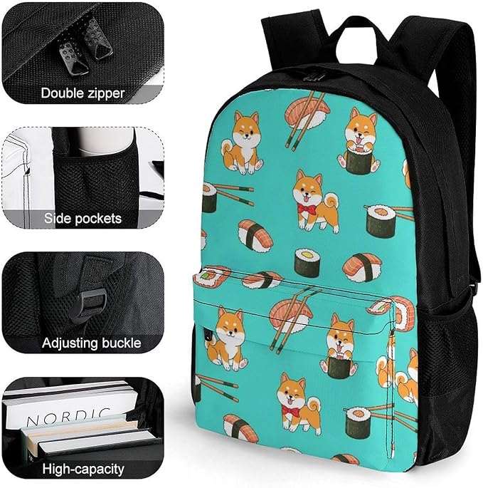 Supdreamc Lightweight Daypack Backpack for Sports Travel Running, Large Capacity Multipurpose Anti-Theft Bookbag, Shiba Inu And Sushi Laptop Backpack Daypack