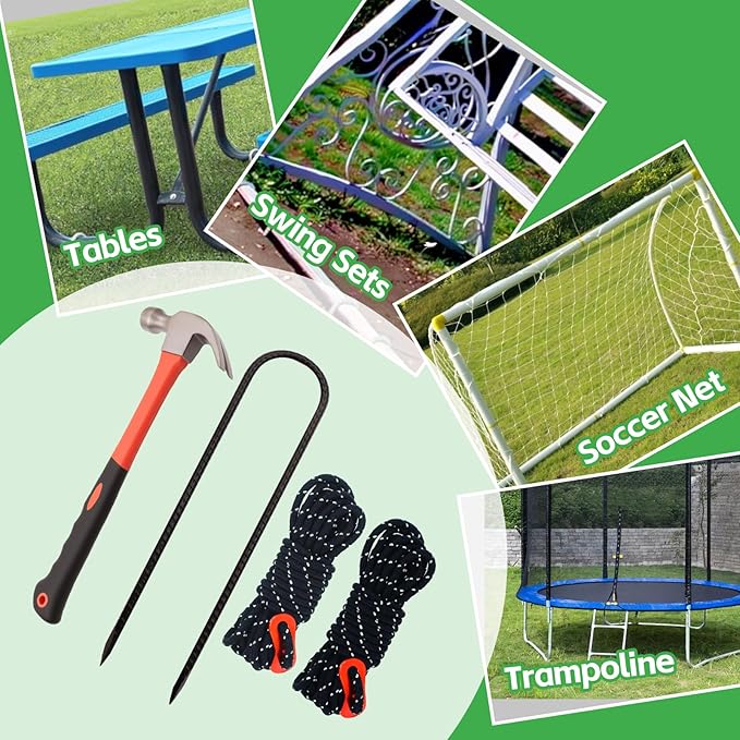 10 Pack 12 Inch Trampoline Stakes Set - Trampoline Anchors with 2 Windproof Rope, Tent Wind Stakes - Galvanized Steel Anchors for Swing, Camping Tents, Soccer Goals, Black