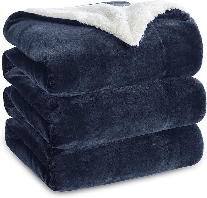 Bedsure GentleSoft Sherpa Fleece Blankets King Size for Bed - Thick and Warm, Soft Fuzzy Plush King Blanket for Winter, Navy, 108x90 Inches