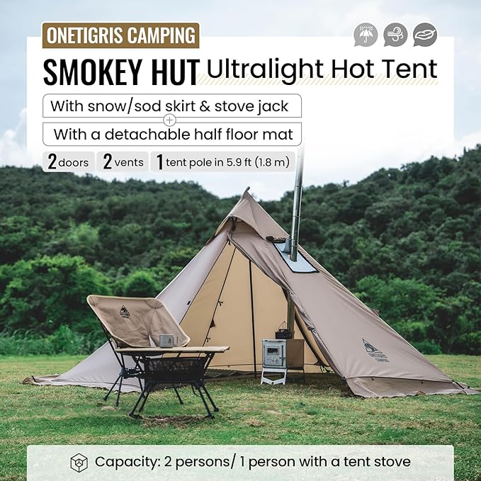 OneTigris Smokey HUT Hot Tent with Stove Jack, Ultralight 4 Season Tipi Tent with Snow Skirt & Detachable Floor for Camping, Hiking, Bushcraft, Backpacking