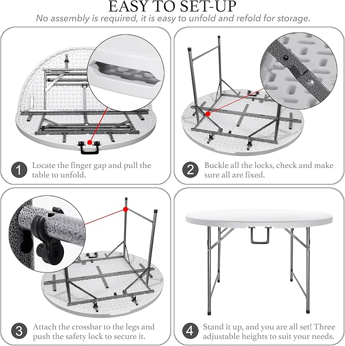 AJP Distributors 4 Foot Portable Round Folding Card Table 4FT 48" Half Foldable Heavy Duty Plastic w/Carry Handle - Indoor Outdoor Backyard Camping Picnic BBQ Party Wedding Dining Office Event White