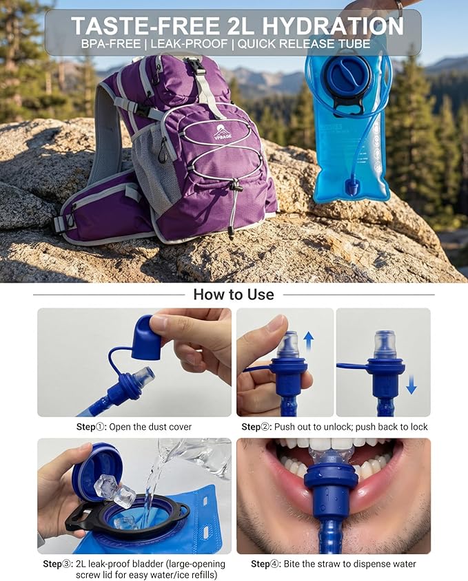 Hydration Backpack with 2L Bladder – Thermal Insulated Water Pack for Hiking, Skiing, Running – Lightweight Daypack for Men & Women, Soft-Lined Sunglasses Pocket & Large Waist Pockets