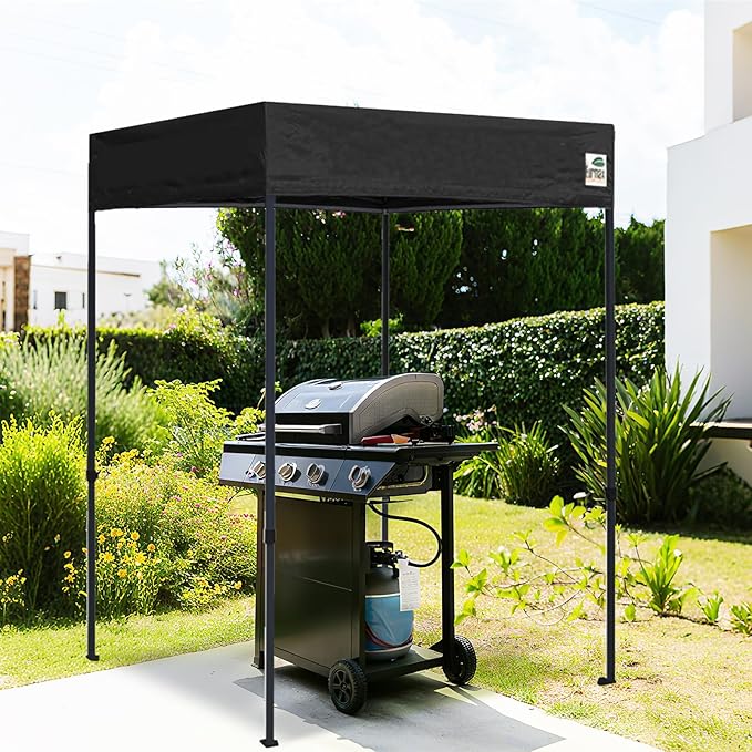 Eurmax USA Printed 5x5 Flat Top Pop Up Canopy Tent Commercial Instant Canopies with Heavy Duty Roller Bag,Bonus 4 Sand Weights Bags (Black with Screen Window)