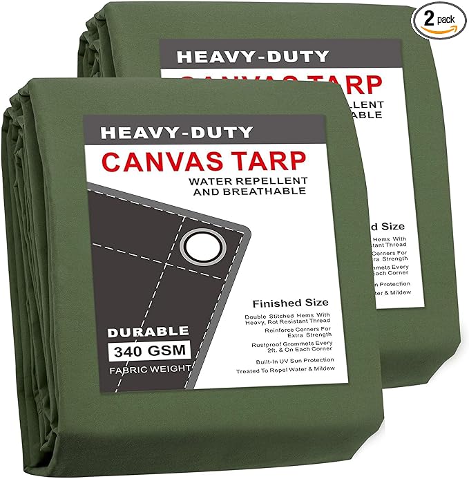 CARTMAN Finished Size 8x10 Feet Green 2PK Canvas Tarp with Rustproof Grommets, Heavy Duty Multipurpose Tarpaulin Cover for Canopy Tent, Roof, Camping, Woodpile