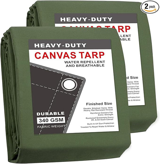 CARTMAN Finished Size 6x8 Feet Green 2PK Canvas Tarp with Rustproof Grommets, Heavy Duty Multipurpose Tarpaulin Cover for Canopy Tent, Roof, Camping, Woodpile