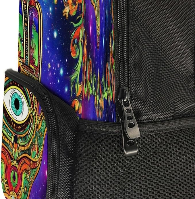 Polyester Daypack Backpack for Climbing Outdoors Running, Big Capacity Multipurpose Anti-Theft Bookbag, Colorful Eye Hamsa Hand Lotus Ethnic Indian Art Travel Hiking Camping Rucksack