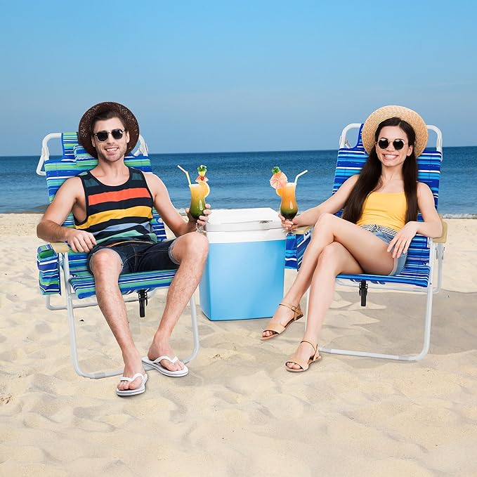 Tall Beach Chairs for Adults, 17" High Backpack Beach Chair with Wooden Armrests, 5 Positions Reclining Heavy Duty Chair with Large Cooler Pouch, Support to 350LBS Striped Blue,2pack