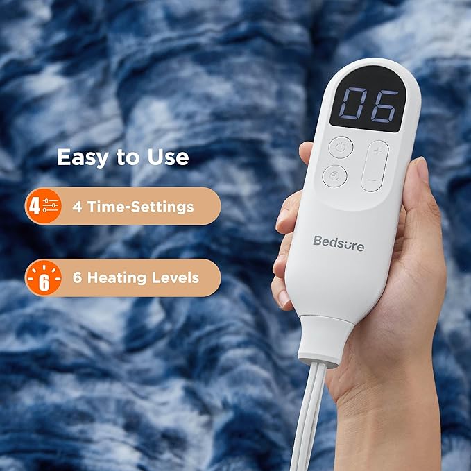 Bedsure Faux Fur Heated Blanket Throw Blanket, Fast Heating Electric Blanket with 6 Heating Levels & 4 Time Settings, Cozy Gifts for Women Men (50x60 inches, Denim Blue)