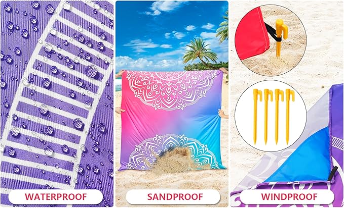 Beach Blanket Waterproof Sandproof Beach Mat 79" X 83"/10'x9'for 2-8 Adults Quick Drying Outdoor Picnic Mat Beach Accessories for Travel, Camping, Hiking