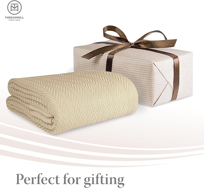 Threadmill Luxury Cotton Blankets for Twin Size Bed | All-Season 100% Cotton Twin Blanket for Bed | Herringbone, Soft & Cozy Fall Thermal Blanket, 350GSM, 68x92 inches | Beige