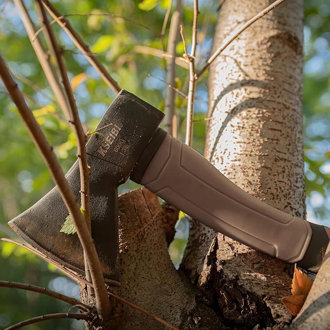 KSEIBI Outdoor Camping Hatchet with Sheath for Splitting and Kindling Wood, Forged Steel Blade with Anti-Slip and Shock Reduction Handle Great Throwing Axes and Hatchets (Tuscan Brown)