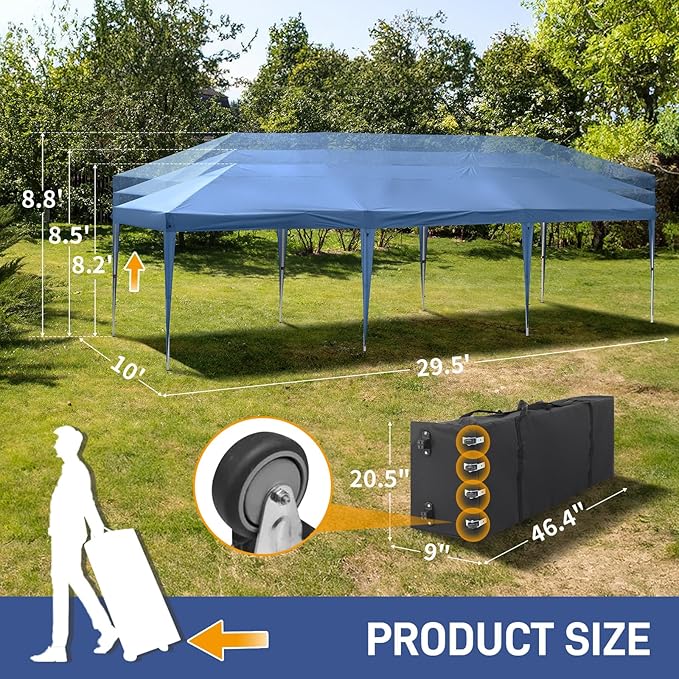 Outvita 10x30ft Ez Pop Up Canopy, Portable Instant Canopy Tent with 8 SideWalls for Outdoor Events, Party, Wedding, Birthday,Graduation Blue