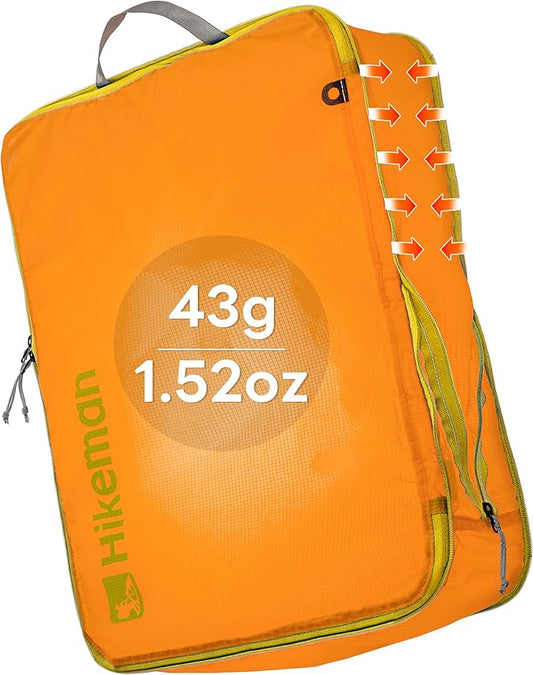 HIKEMAN Ultralight Compression Packing Cubes Lightweight Compression Bags for Camping or Backpacking 40% Space-Saving Compression zippers durable Water-Resistant Fabric (Orange, Medium)