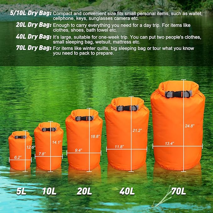 R2Depot Waterproof Dry Bag, 5L/10L/20L/40L/70L Dry Storage Bag for Kayaking, Gym, Hiking, Swimming (Blue, 5L)