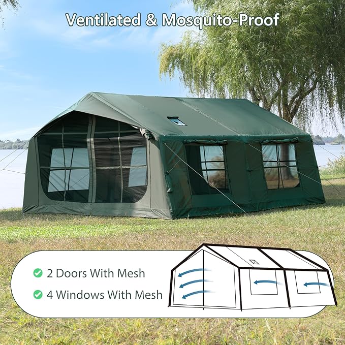Inflatable Camping Tent with Hand Pump Waterproof Outdoor Blow up Tent 2-8 Person Oxford 4 Season Glamping Air Tent Cabin House with Mesh Windows & Door