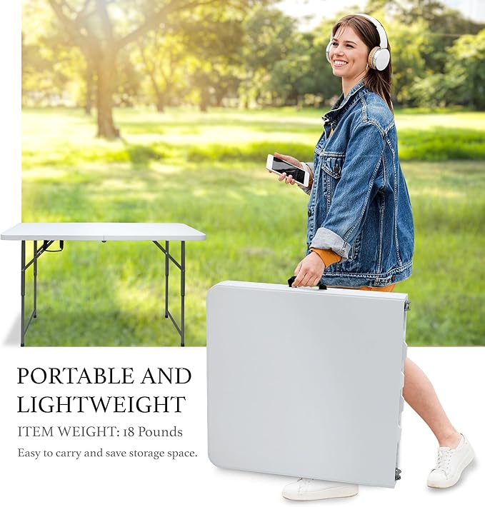 AJP Distributors 4 Foot Portable Plastic Folding Table 4FT 48" Half Foldable Heavy Duty Top w/Carry Handle - Indoor Outdoor Backyard Camping Picnic BBQ Party Wedding Dining Office Event Meeting White