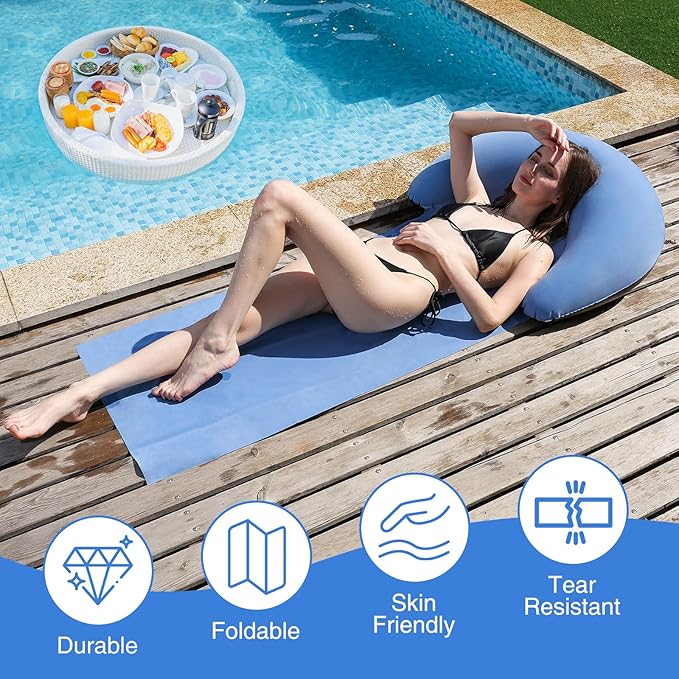 Beach mat with Inflatable Pillow, Portable mat, 70X30Inch (Blue)