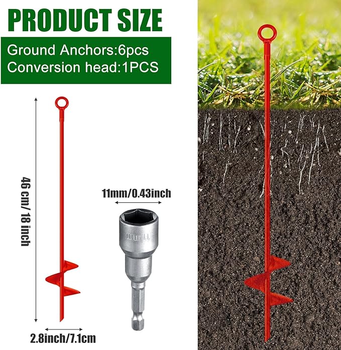 Chumia 6 Pcs 18 Inch Ground Anchor Spiral Blade Heavy Duty Earth Anchors Swing Set Metal Shed Kit for Garden Securing Trees Tents Trampoline Canopies Shelters (Red)