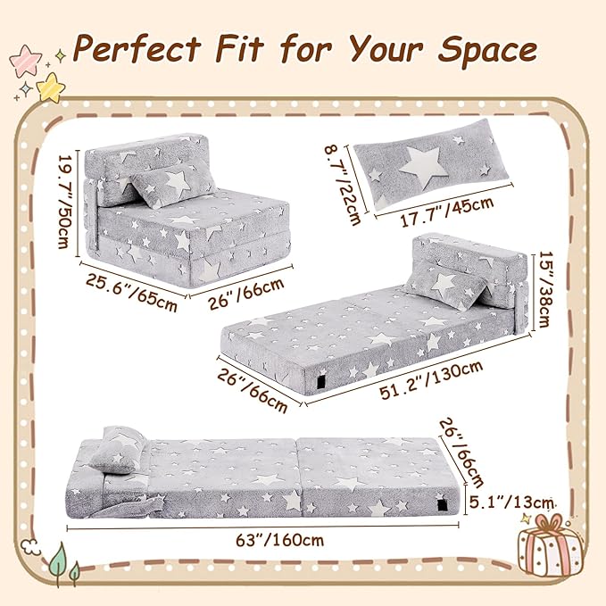 Folding Sofa Bed Floor Mattress for Kids with Pillow, Toddler Washable Glow in Dark Folding Floor Mat for Sleeping, Child Fold Up Chair Bed with Storage Bag for Playroom, Camping, Grey Star