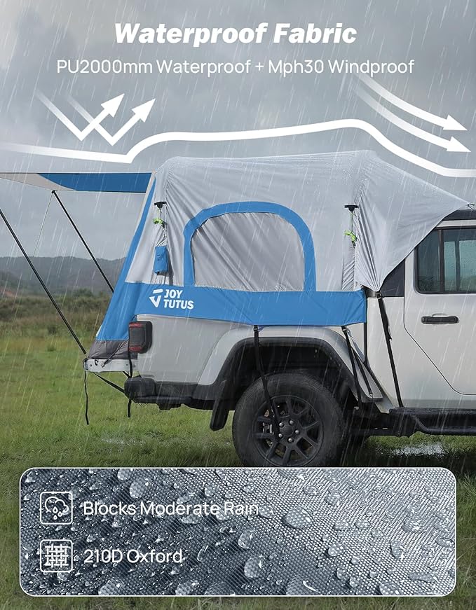 JOYTUTUS Inflatable Truck Bed Tent 5.5-6.5FT with Awning, Includes Air Pump for Quick 30S Setup, Dual-use Pickup or Camping Tent for 2 Person, Truck Tent with Waterproof Roof Shade and 3 Windows