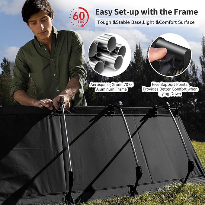 Ultralight Camping Cot for Adults with 2 Side Pocket,Portable Folding Camping Bed Supports 330 lbs,Comfort Sleep Cot Bed for Camping Lightweight Travel,Base Camp,Hiking,Moutaineering,Sleeping(Black)