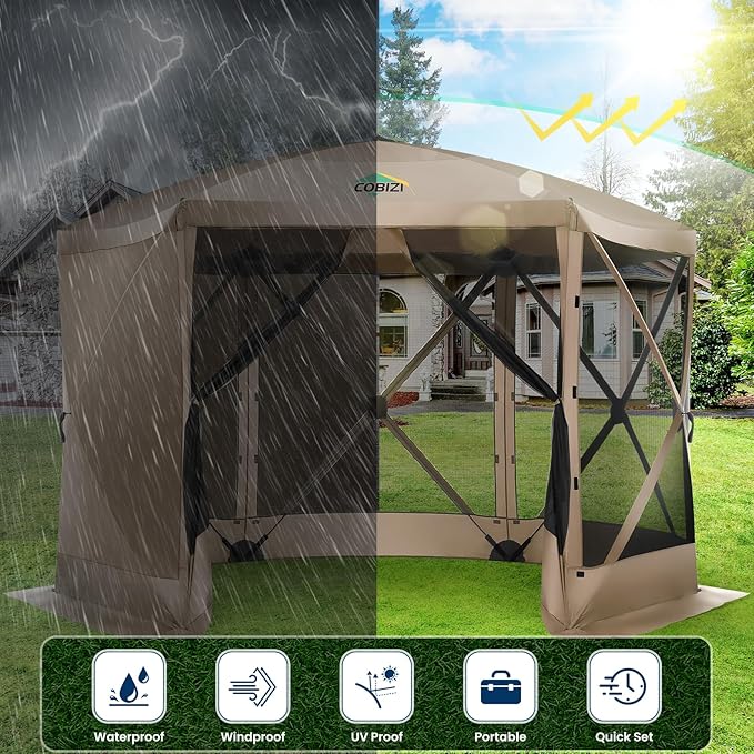 COBIZI 12x12FT Pop Up Gazebo Screen Tent Screen House for Camping, Screen Room with Mosquito Netting, Hub Tent Instant Screened Canopy with Carrying Bag and Ground Stakes, Khaki(Upgraded)