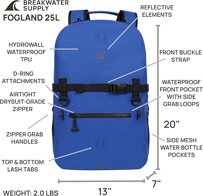 Breakwater Supply™ Fogland Waterproof IP68 Submersible Backpack with Airtight Zippers | Laptop Travel Outdoors | 25L 20L 15L | 100% Waterproof, Submersible, Airtight Zippers, Travel Outdoors