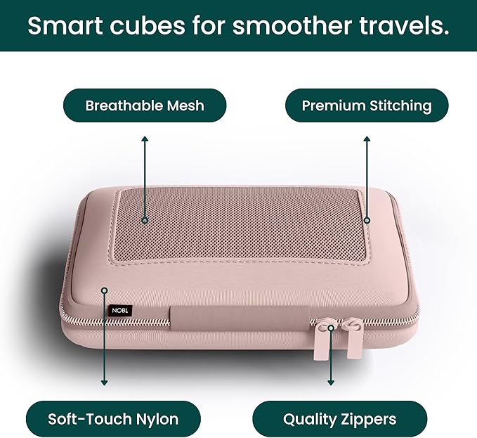 NOBL Travel Compressible Packing Cubes Set, 6 Pieces Travel Packing Organizers, Compression Luggage Cubes for Suitcases & Carry On, Space Saving (XXS, XS, S, M, L, XL) - Blush