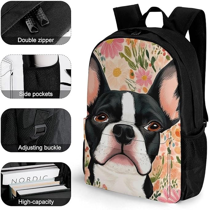 Supdreamc Men Women Lightweight Boston Terrier Floral Backpack Large Capacity Carry On Bag With Padded Straps for Sports Work Walking Cycling
