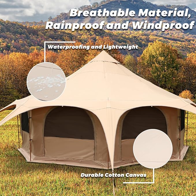 LVUYOYO Canvas Bell Tent, Glamping Yurt Waterproof Tent with Stove Jack and Storage Bag, Perfect for Family 4 Season Camping (16.4 * 9.18 FT)