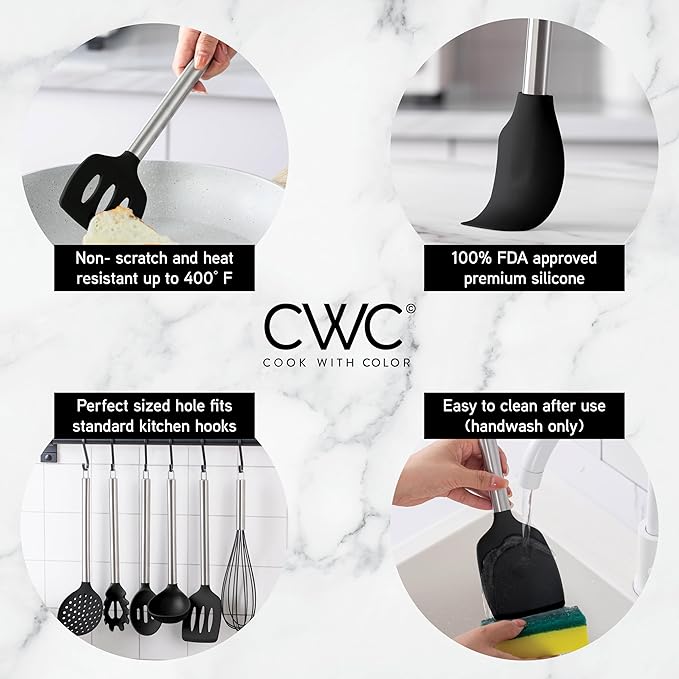 COOK WITH COLOR Silicone Cooking Utensils, Kitchen Utensil Set, Easy to Clean Silicone Kitchen Utensils, Cooking Utensils for Nonstick Cookware, Kitchen Gadgets Set, 10 Pieces, Black