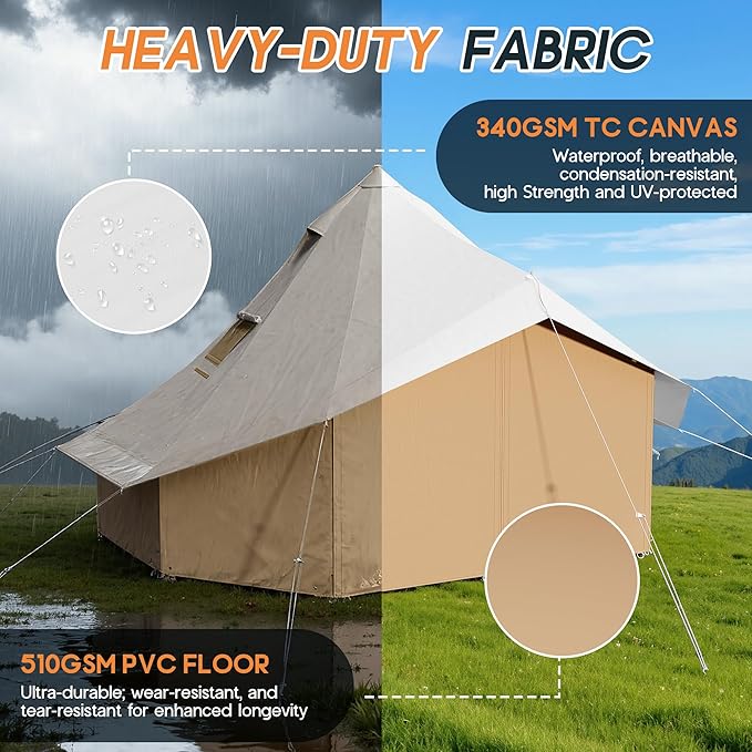 SPECRAFT Canvas Bell Yurt Tents & Inflatable Tent for Camping, Waterproof Glamping Tent with Stove Jack, Breathable Mesh, Snowproofing Spacious 4-Season Family Shelter for Outdoor, Camping, Parties