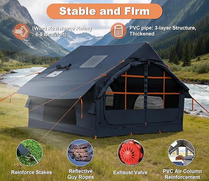 Inflatable Tents for Camping with Stove Jack, 2/4/6/8 Person Easy Setup Blow Up Tents for 4 Seasons Waterproof Inflatable Camping Tent with Awning, Air House Glamping Tents for Camping Adult