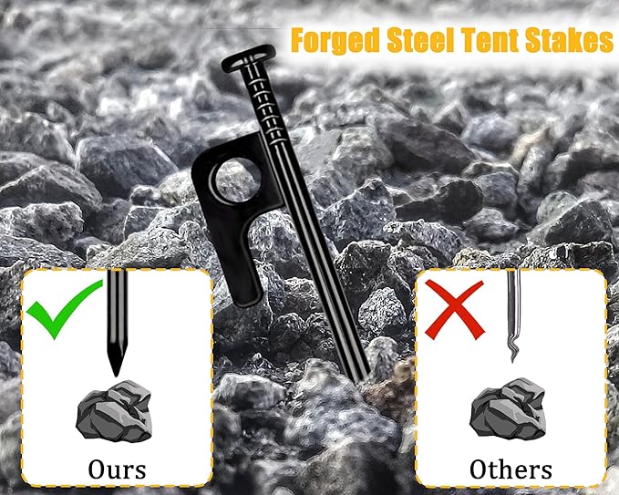 RIY Tent Stakes Heavy Duty 8 inch Metal Tent Pegs for Camping Steel Tent Stakes Inflexible and Unbreakable-16 PCS