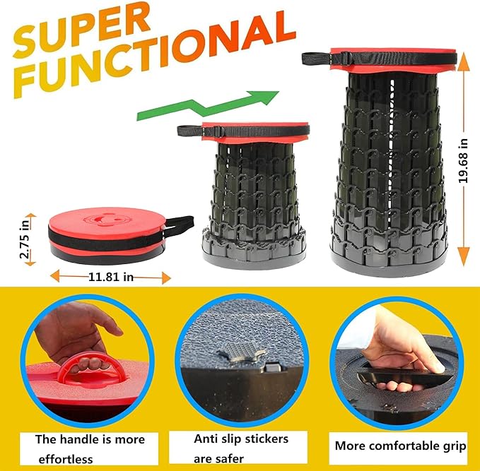Upgraded 19.7"Portable Collapsible Folding Stool with Cushion Retractable Telescoping Foldable Stool for Adults Heavy Duty Camping Sturdy with Max Load Capacity 1000lbs for Outdoor Fishing Hiking BBQ