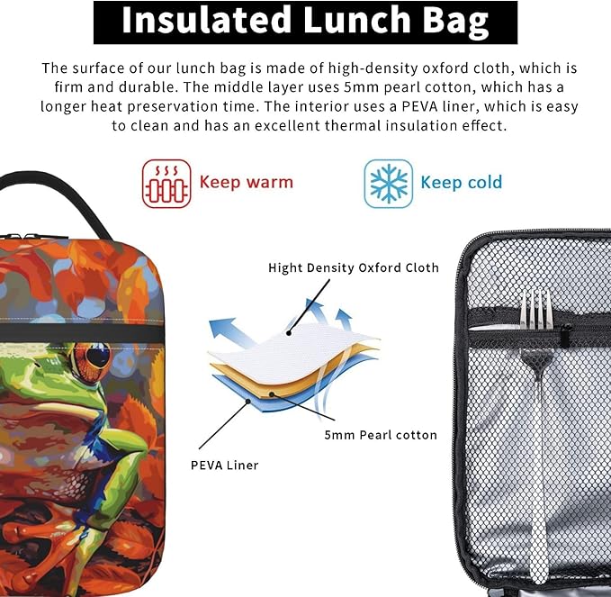 Frog Insulated Lunch Box for Women Men Frog Lunch Bag for Work,Picnic,Travel,Hiking,Beach or Fishing Polyester