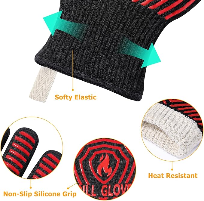 QUWIN BBQ Gloves, BBQ Accessories 1472℉ Extreme Heat Resistant, Grilling Gloves Silicone Non-Slip Oven Mitts, Kitchen Gloves for BBQ, Grilling, Cooking, Baking-1 Pair 11inch, Red